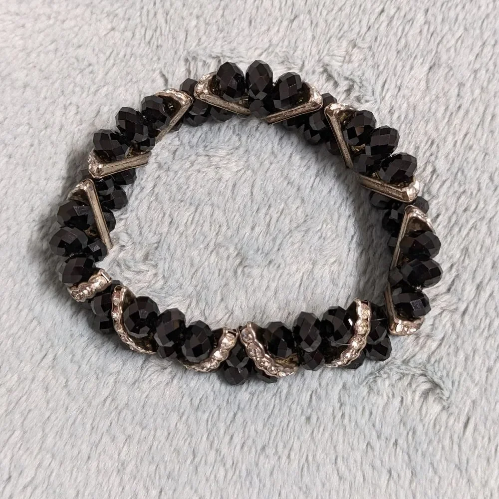 Vintage Black Crystal Bead Stretchy Bracelet with Rhinestone Accents